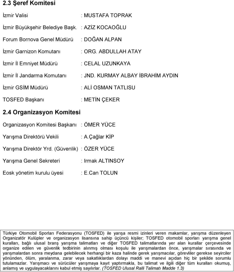 ABDULLAH ATAY : CELAL UZUNKAYA : JND. KURMAY ALBAY İBRAHİM AYDIN : ALİ OSMAN TATLISU : METİN ÇEKER 2.4 Organizasyon Komitesi Organizasyon Komitesi Başkanı : ÖMER YÜCE Yarışma Direktörü Vekili : A.