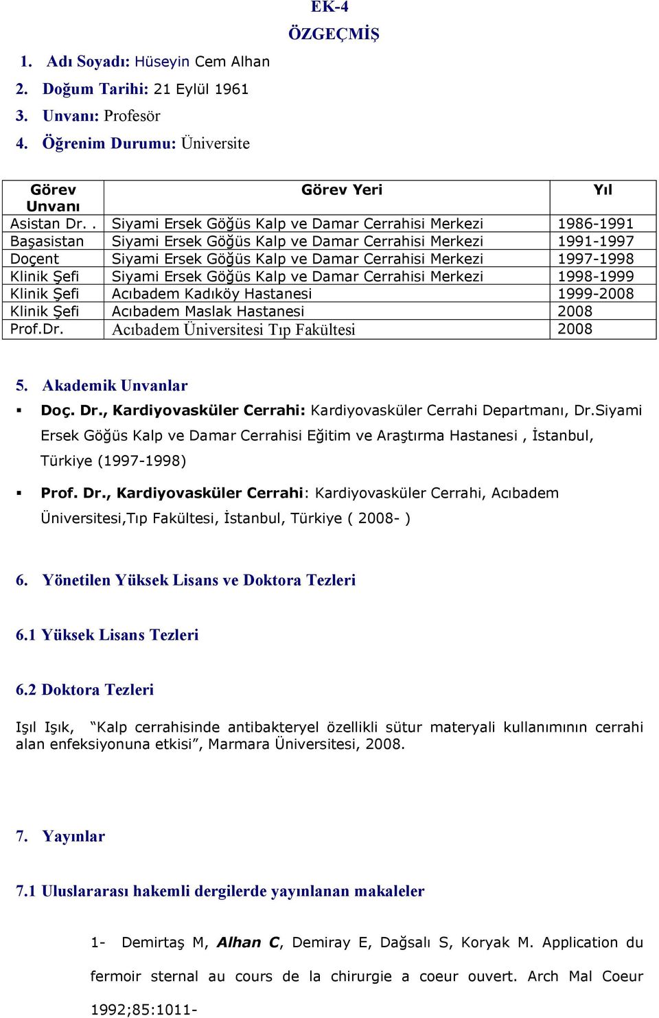 1997-1998 Klinik Şefi Siyami Ersek Göğüs Kalp ve Damar Cerrahisi Merkezi 1998-1999 Klinik Şefi Acıbadem Kadıköy Hastanesi 1999-2008 Klinik Şefi Acıbadem Maslak Hastanesi 2008 Prof.Dr.