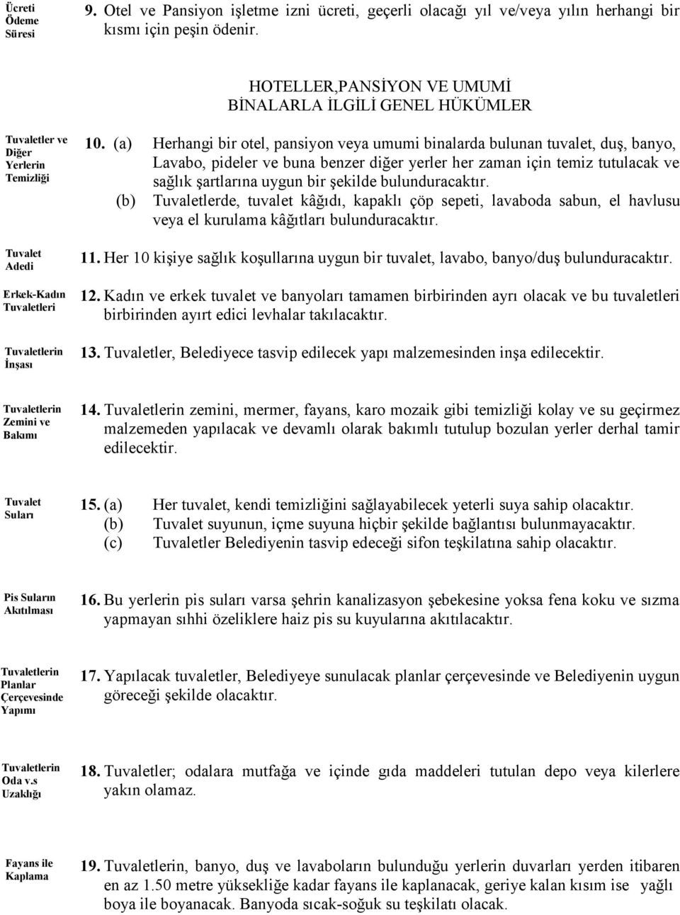 (a) Herhangi bir otel, pansiyon veya umumi binalarda bulunan tuvalet, duş, banyo, Lavabo, pideler ve buna benzer diğer yerler her zaman için temiz tutulacak ve sağlık şartlarına uygun bir şekilde