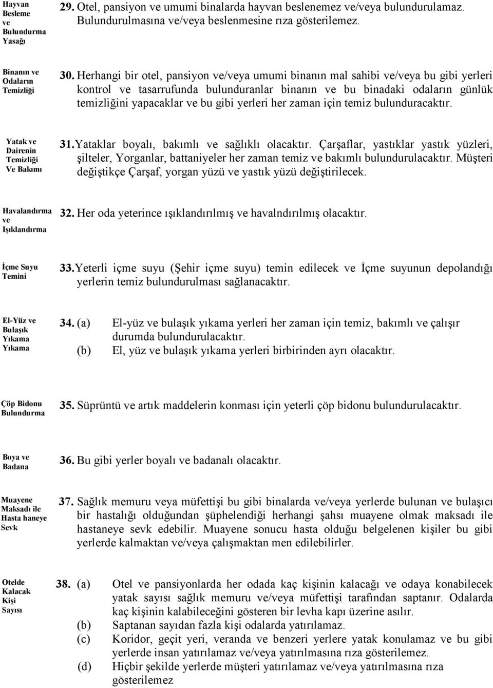 yerleri her zaman için temiz bulunduracaktır. Yatak ve Dairenin Ve Bakımı 31.Yataklar boyalı, bakımlı ve sağlıklı olacaktır.