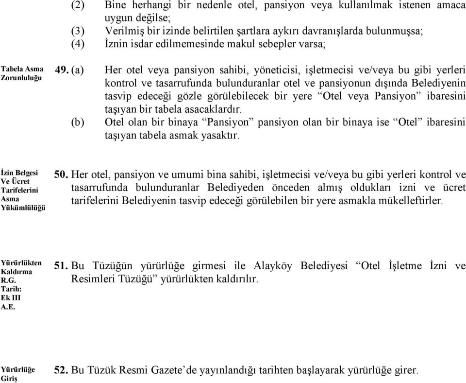 (a) Her otel veya pansiyon sahibi, yöneticisi, işletmecisi ve/veya bu gibi yerleri kontrol ve tasarrufunda bulunduranlar otel ve pansiyonun dışında Belediyenin tasvip edeceği gözle görülebilecek bir