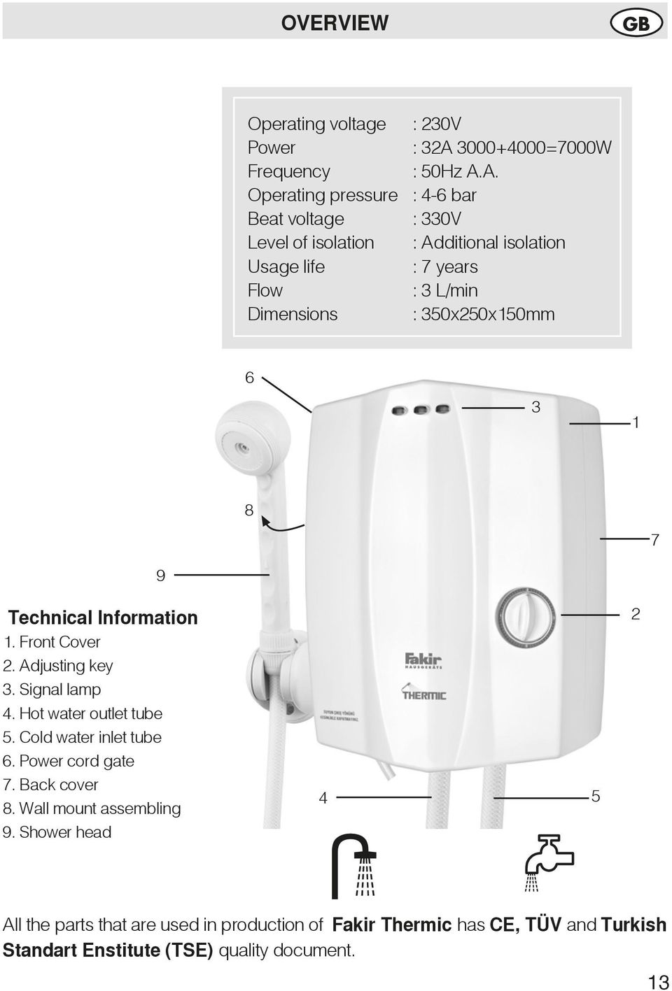 A. Operating pressure : 4-6 bar Beat voltage : 330V Level of isolation : Additional isolation Usage life : 7 years Flow : 3 L/min Dimensions :