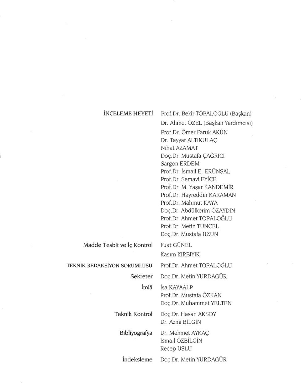 Dr. Hayreddin KARAMAN Prof.Dr. Mahmut KAYA Doç.Dr. Abdülkerim ÖZAYDIN Prof.Dr. Ahmet TOPALOĞLU Prof.Dr. Metin TUNCEL Doç.Dr. Mustafa UZUN Fuat GÜNEL Kasım KIRBIYIK Prof.Dr. Ahmet TOPALOĞLU Doç.