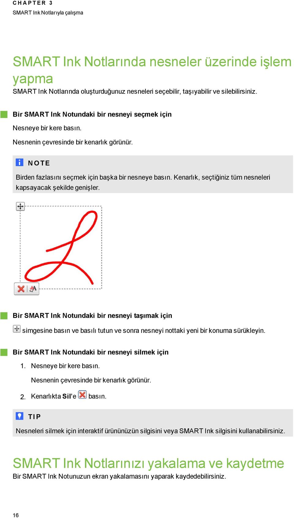 Kenarlık, seçtiğiniz tüm nesneleri kapsayacak şekilde enişler. Bir SMART Ink Notundaki bir nesneyi taşımak için simesine basın ve basılı tutun ve sonra nesneyi nottaki yeni bir konuma sürükleyin.