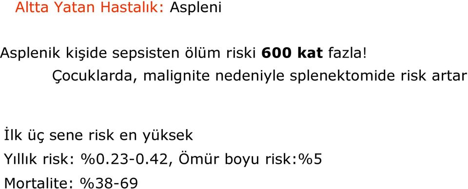 Çocuklarda, malignite nedeniyle splenektomide risk artar