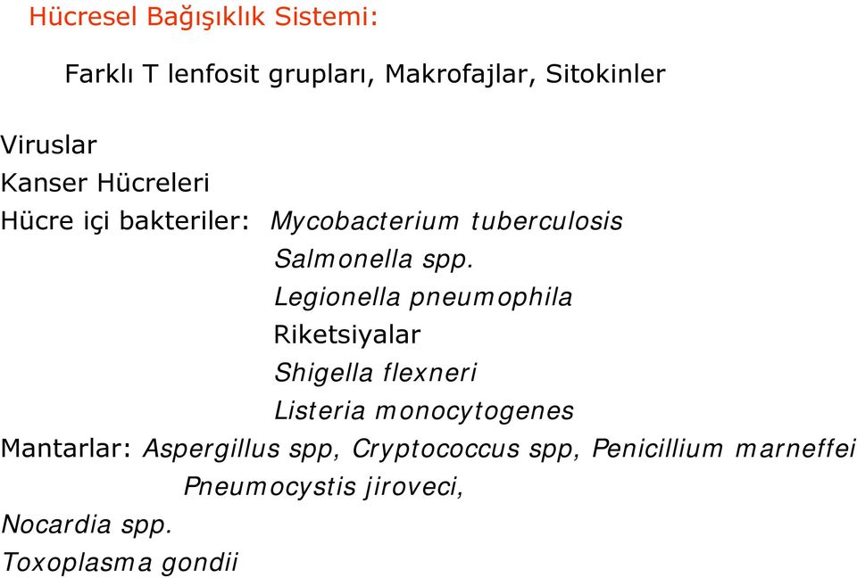 Legionella pneumophila Riketsiyalar Shigella flexneri Listeria monocytogenes Mantarlar: