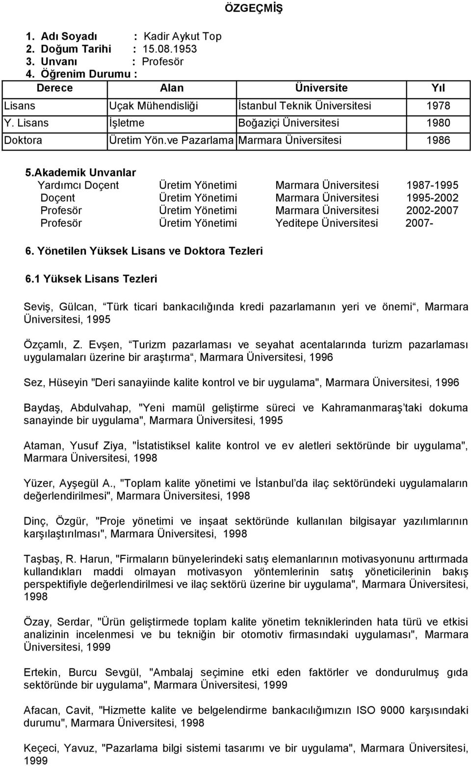 Akademik Unvanlar Yardımcı Doçent Üretim Yönetimi Marmara Üniversitesi 1987-1995 Doçent Üretim Yönetimi Marmara Üniversitesi 1995-2002 Profesör Üretim Yönetimi Marmara Üniversitesi 2002-2007 Profesör