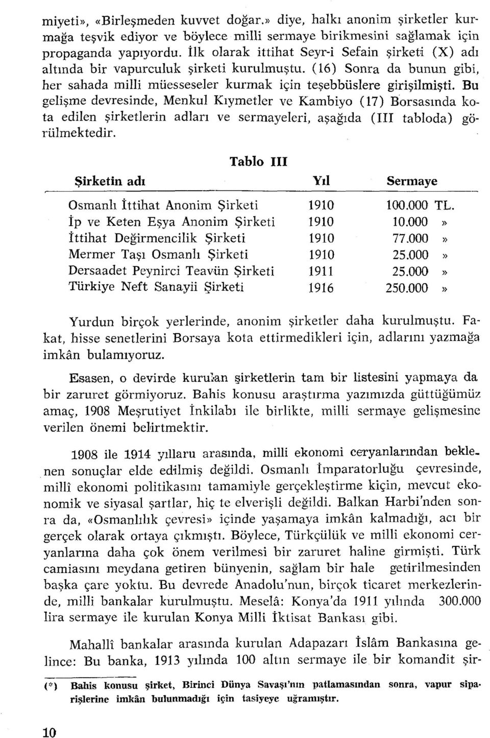 Bu gelişme devresinde, Menkul Kıymetler ve Kambiyo (17) Borsasında kota edilen şirketlerin adları ve sermayeleri, aşağıda (III tabloda) görülmektedir.