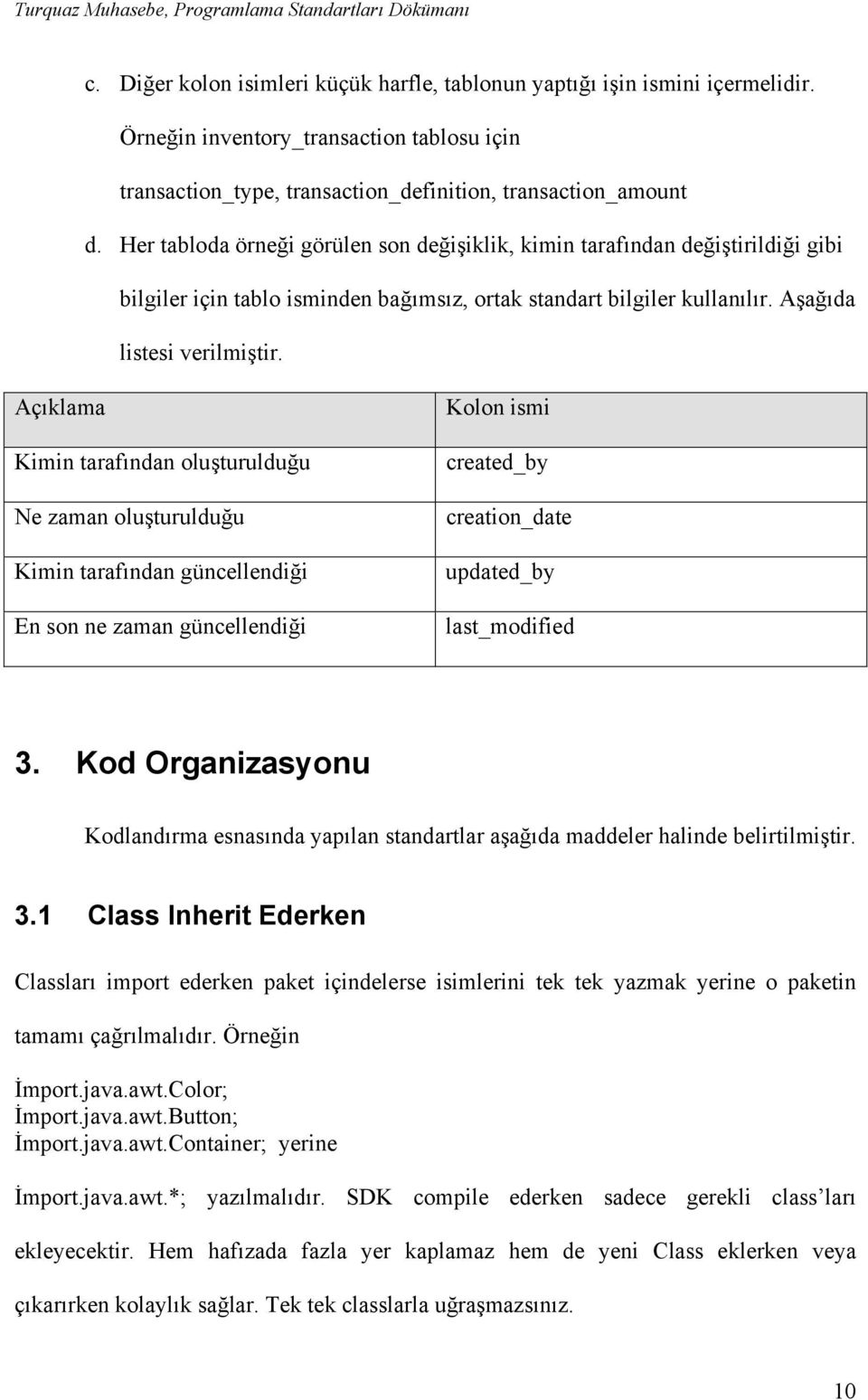 Açıklama Kimin tarafından oluşturulduğu Ne zaman oluşturulduğu Kimin tarafından güncellendiği En son ne zaman güncellendiği Kolon ismi created_by creation_date updated_by last_modified 3.