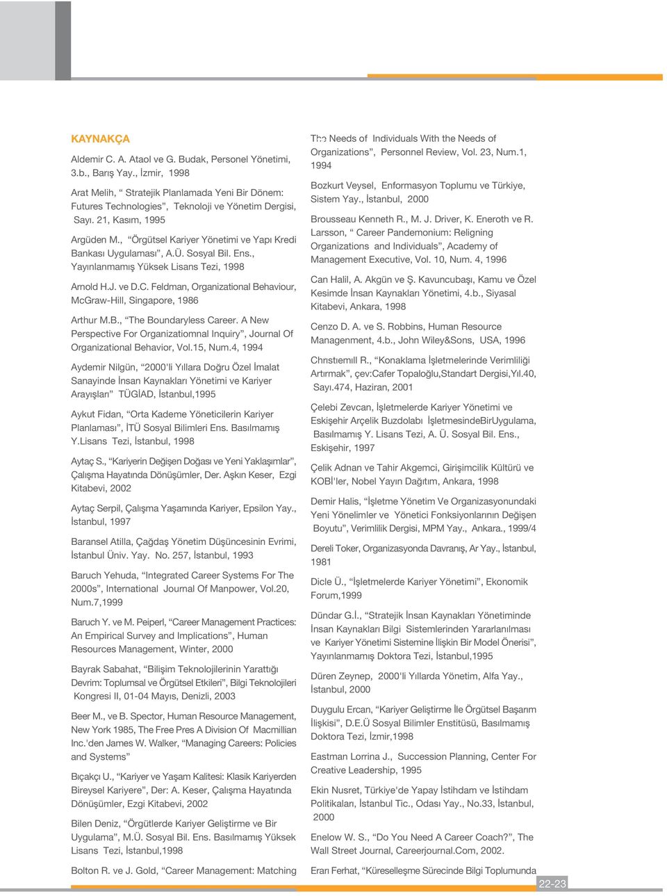 Feldman, Organizational Behaviour, McGraw-Hill, Singapore, 1986 Arthur M.B., The Boundaryless Career. A New Perspective For Organizatiomnal Inquiry, Journal Of Organizational Behavior, Vol.15, Num.