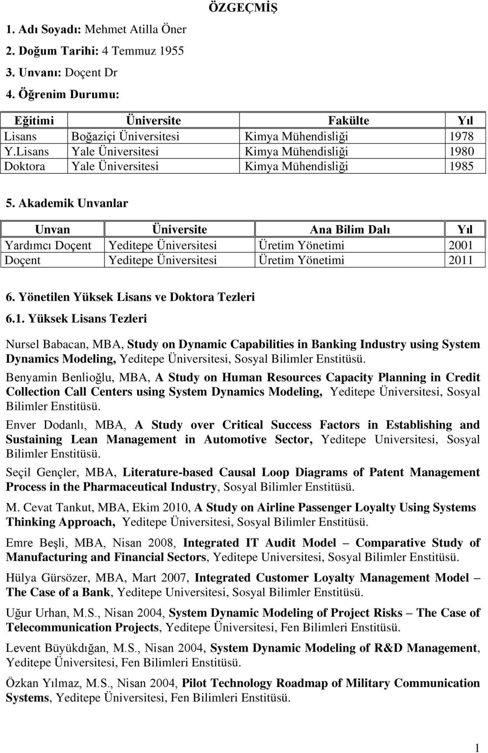 Akademik Unvanlar Unvan Üniversite Ana Bilim Dalı Yıl Yardımcı Doçent Yeditepe Üniversitesi Üretim Yönetimi 2001 Doçent Yeditepe Üniversitesi Üretim Yönetimi 2011 6.