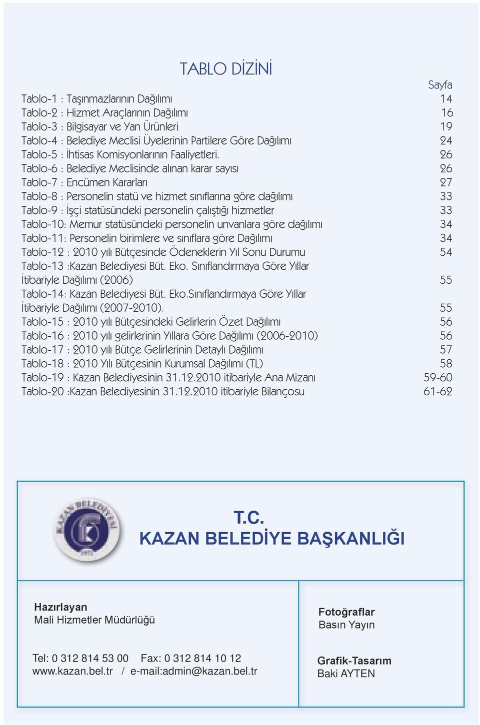 26 Tablo-6 : Belediye Meclisinde alınan karar sayısı 26 Tablo-7 : Encümen Kararları 27 Tablo-8 : Personelin statü ve hizmet sınıflarına göre dağılımı 33 Tablo-9 : İşçi statüsündeki personelin