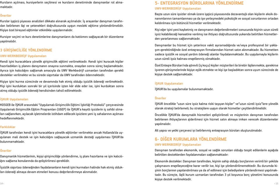 Kursiyer seçimi ve kurs denetimlerine danışmanların da katılımını sağlayacak bir düzenleme yapılmalıdır. 3 GİRİŞİMCİLİĞE YÖNLENDİRME Kendi işini kuracaklara yönelik girişimcilik eğitimi verilmektedir.