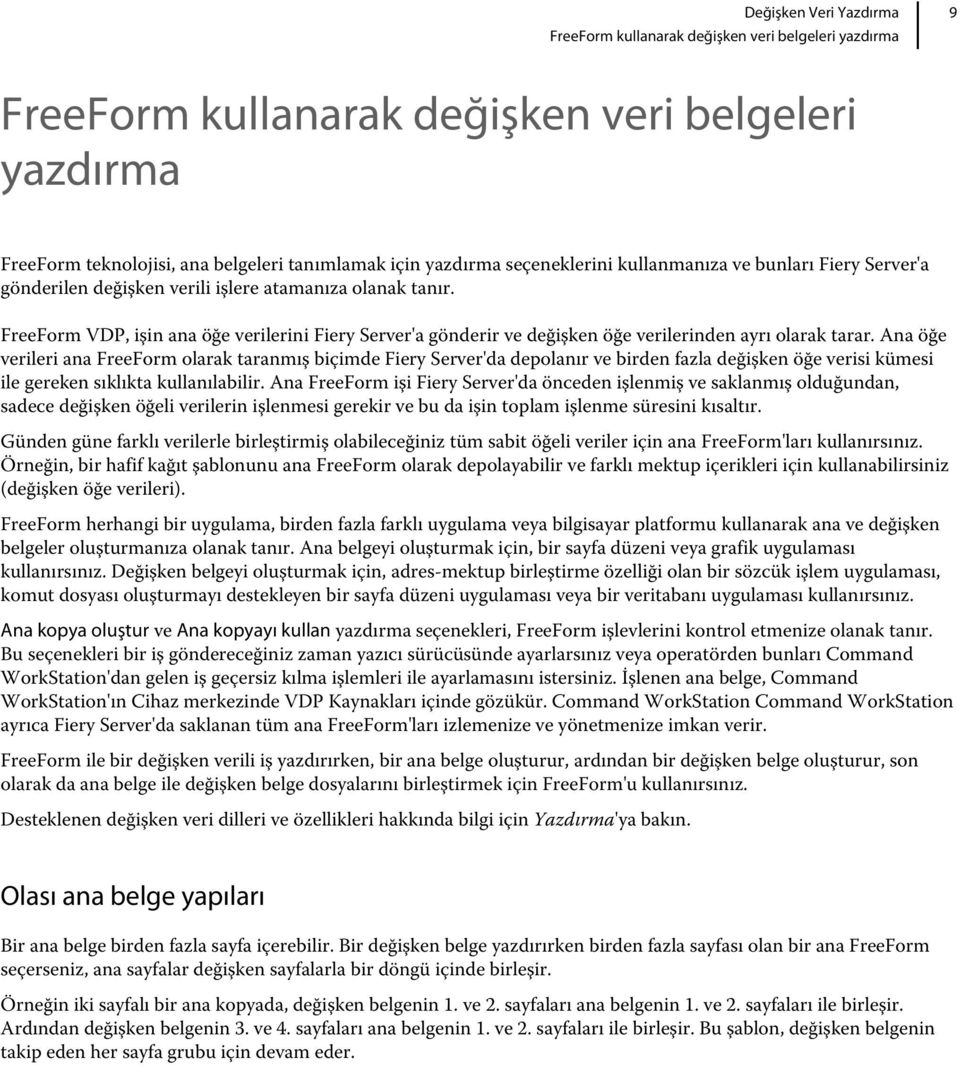 Ana öğe verileri ana FreeForm olarak taranmış biçimde Fiery Server'da depolanır ve birden fazla değişken öğe verisi kümesi ile gereken sıklıkta kullanılabilir.