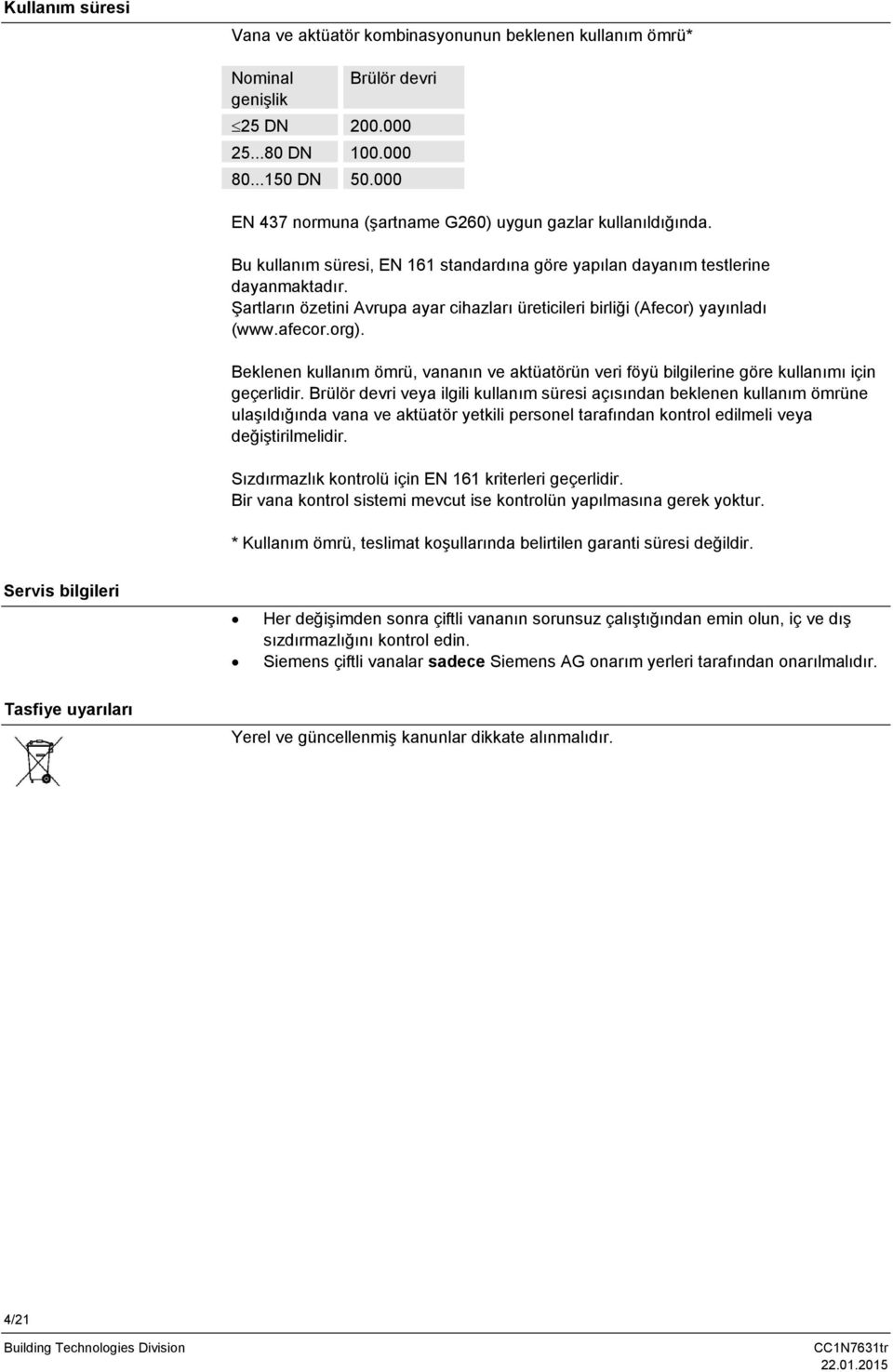 Şartların özetini Avrupa ayar cihazları üreticileri birliği (Afecor) yayınladı (www.afecor.org). Beklenen kullanım ömrü, vananın ve aktüatörün veri föyü bilgilerine göre kullanımı için geçerlidir.