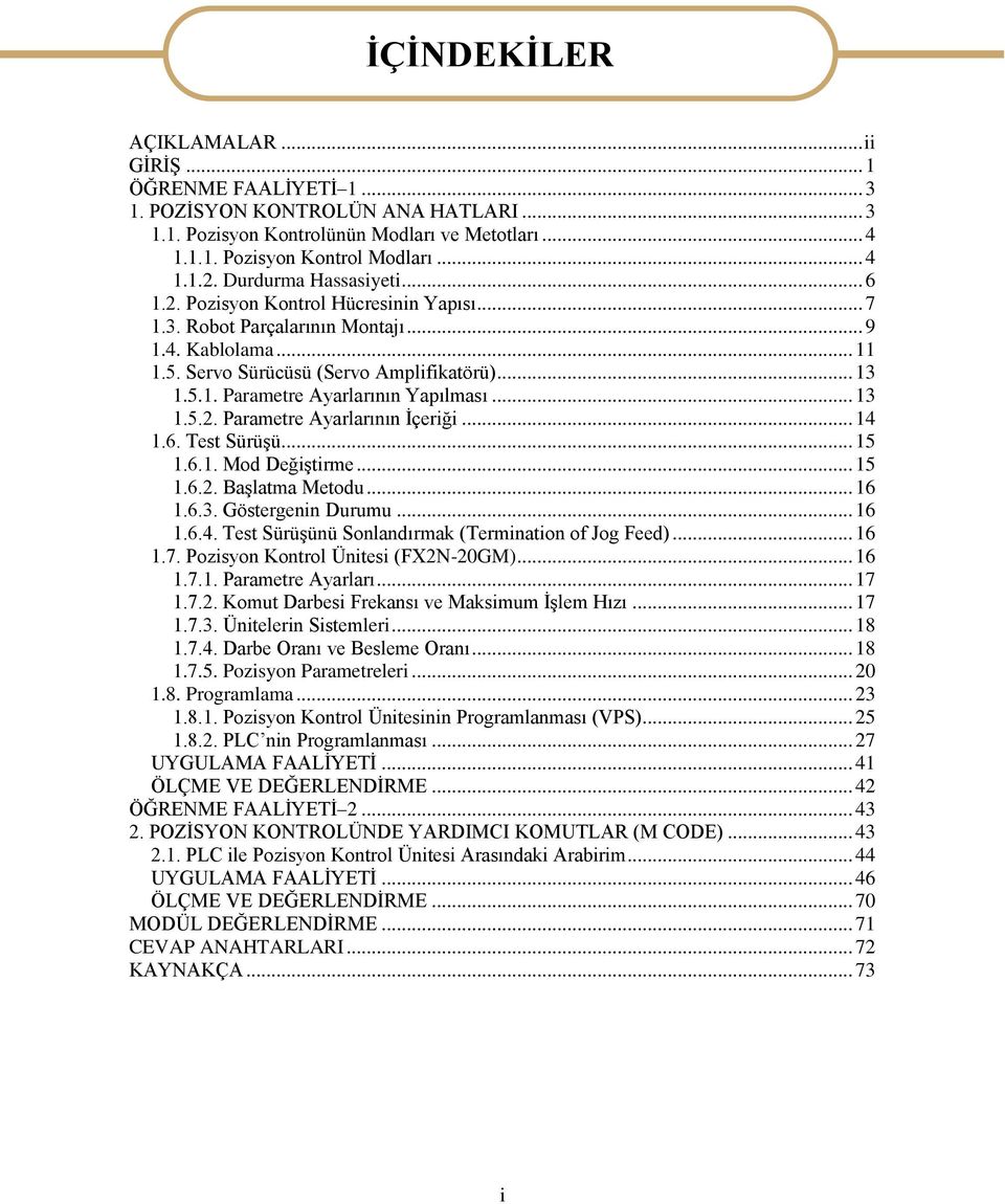 .. 13 1.5.2. Parametre Ayarlarının Ġçeriği... 14 1.6. Test SürüĢü... 15 1.6.1. Mod DeğiĢtirme... 15 1.6.2. BaĢlatma Metodu... 16 1.6.3. Göstergenin Durumu... 16 1.6.4. Test SürüĢünü Sonlandırmak (Termination of Jog Feed).