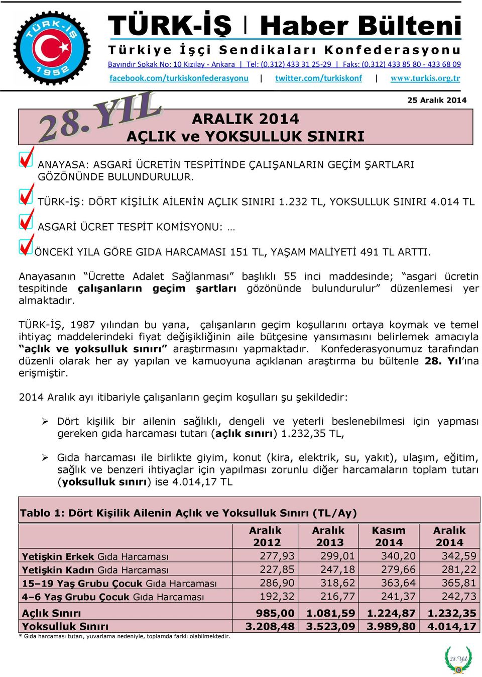 tr ARALIK 2014 AÇLIK ve YOKSULLUK SINIRI 25 Aralık 2014 ANAYASA: ASGARİ ÜCRETİN TESPİTİNDE ÇALIŞANLARIN GEÇİM ŞARTLARI GÖZÖNÜNDE BULUNDURULUR. TÜRK-İŞ: DÖRT KİŞİLİK AİLENİN AÇLIK SINIRI 1.