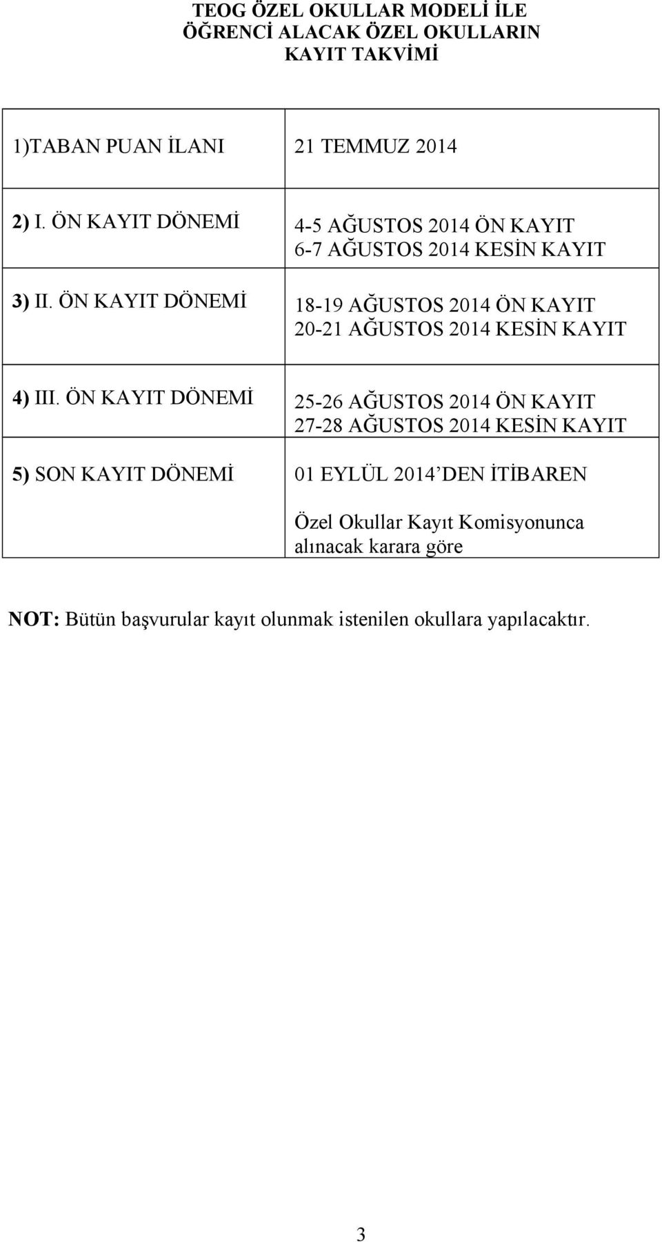 ÖN KAYIT DÖNEMİ 18-19 AĞUSTOS 2014 ÖN KAYIT 20-21 AĞUSTOS 2014 KESİN KAYIT 4) III.