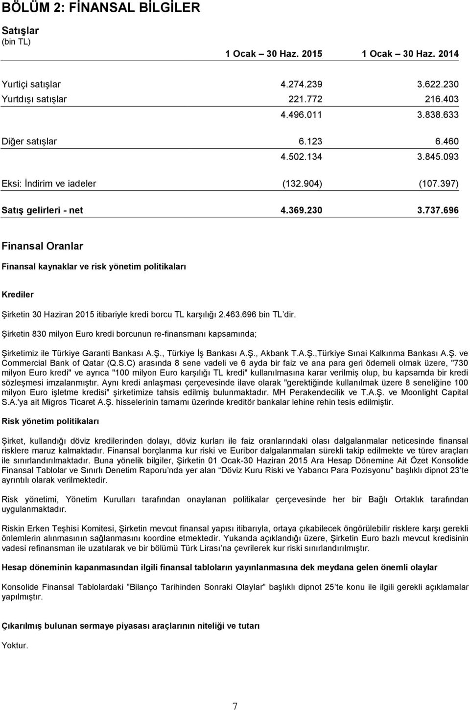 696 Finansal Oranlar Finansal kaynaklar ve risk yönetim politikaları Krediler Şirketin 30 Haziran 2015 itibariyle kredi borcu TL karşılığı 2.463.696 bin TL dir.