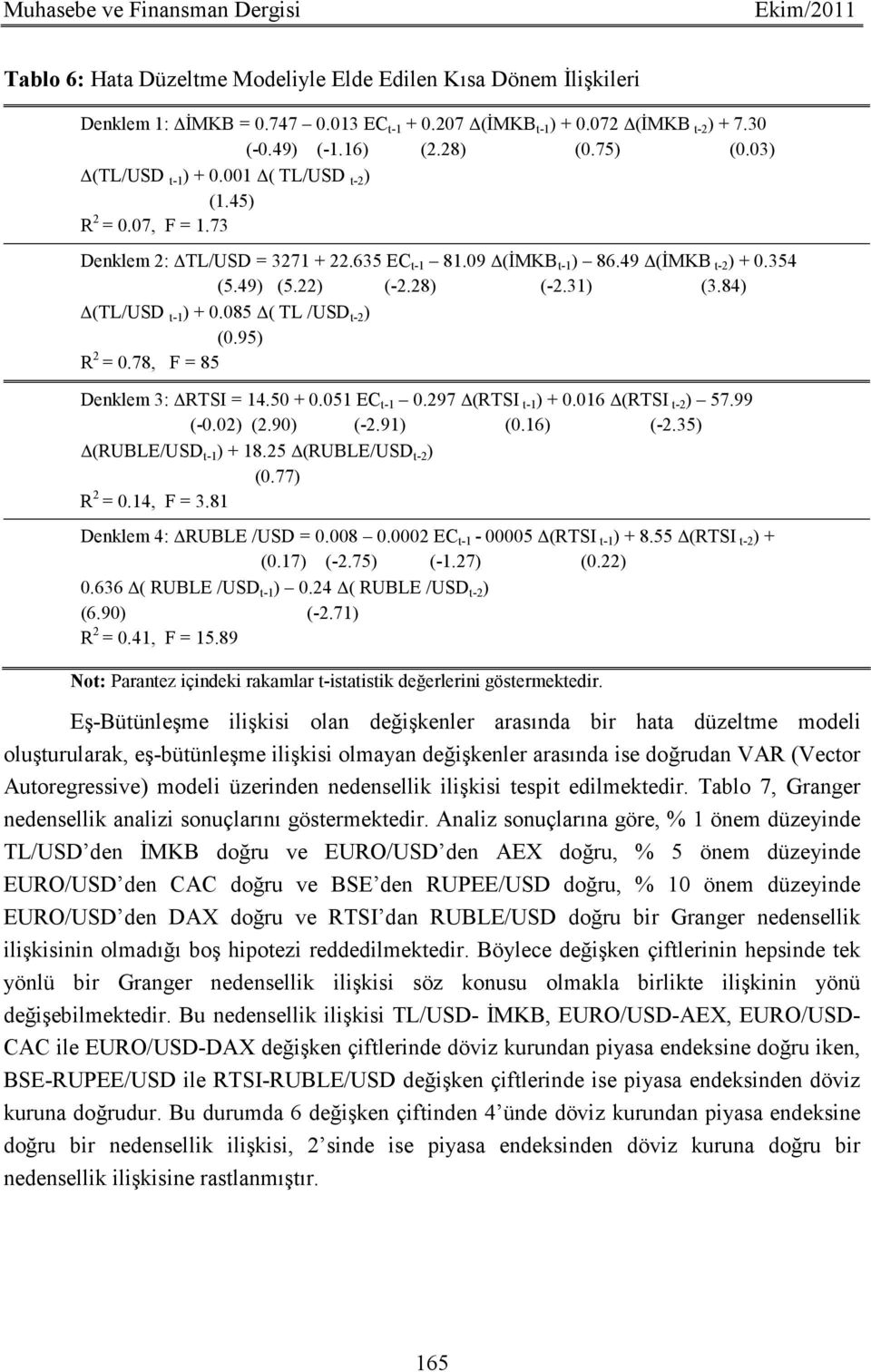 28) (-2.31) (3.84) (TL/USD t-1 ) + 0.085 ( TL /USD t-2 ) (0.95) R 2 = 0.78, F = 85 Denklem 3: RTSI = 14.50 + 0.051 EC t-1 0.297 (RTSI t-1) + 0.016 (RTSI t-2) 57.99 (-0.02) (2.90) (-2.91) (0.16) (-2.