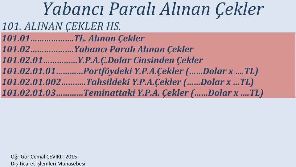 02.01.01 Portföydeki Y.P.A.Çekler ( Dolar x.tl) 101.02.01.002..Tahsildeki Y.P.A.Çekler ( Dolar x TL) 101.