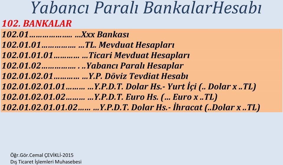 01.02.01 Y.P. Döviz Tevdiat Hesabı 102.01.02.01.01 Y.P.D.T. Dolar Hs.- Yurt İçi (.. Dolar x.