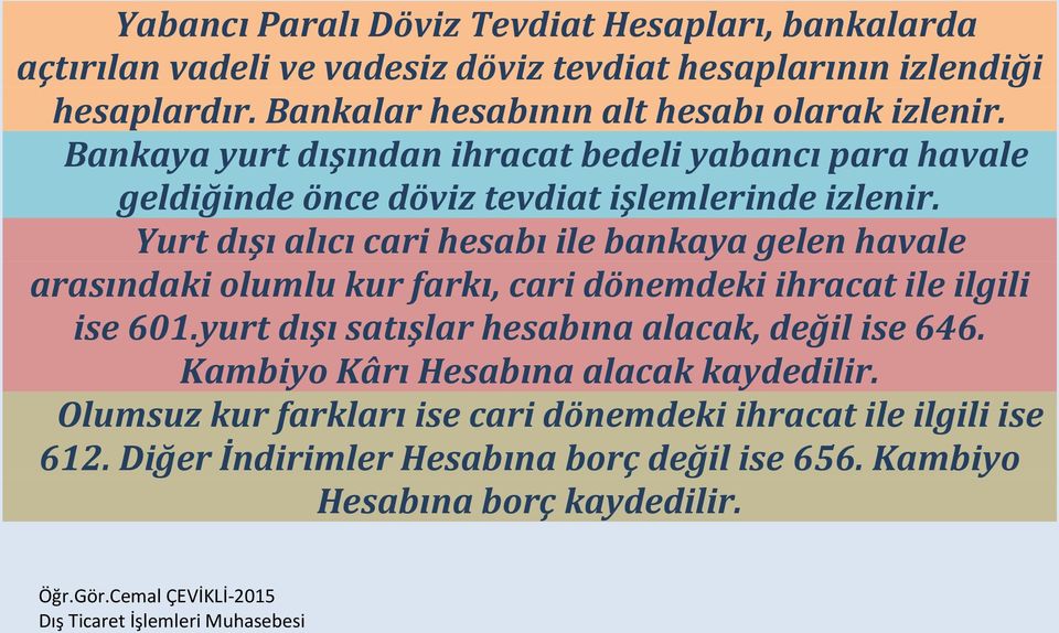 Yurt dışı alıcı cari hesabı ile bankaya gelen havale arasındaki olumlu kur farkı, cari dönemdeki ihracat ile ilgili ise 601.