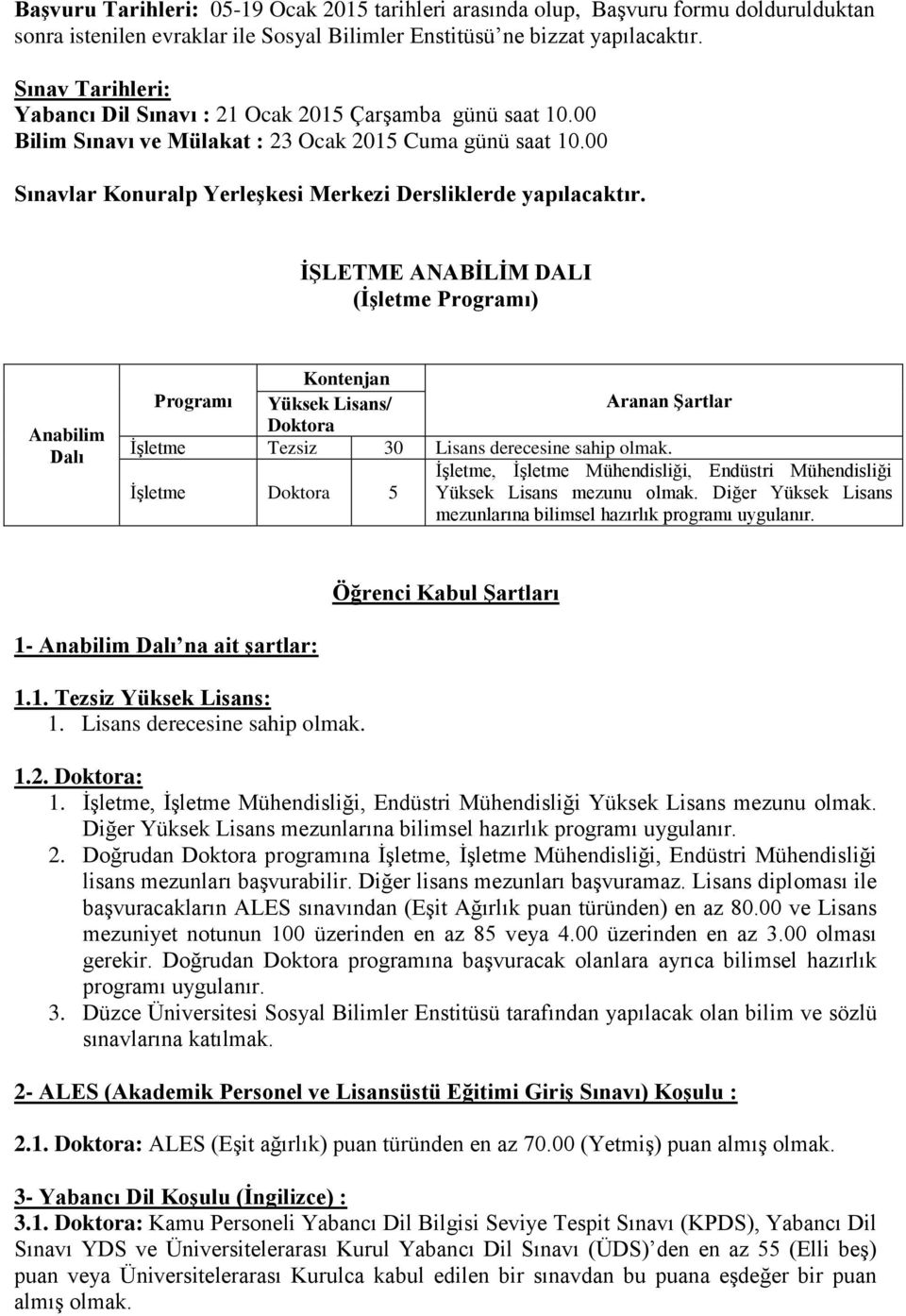 İŞLETME ANABİLİM DALI (İşletme ) Anabilim Dalı Yüksek Lisans/ Doktora İşletme Tezsiz 30 Lisans derecesine sahip olmak.