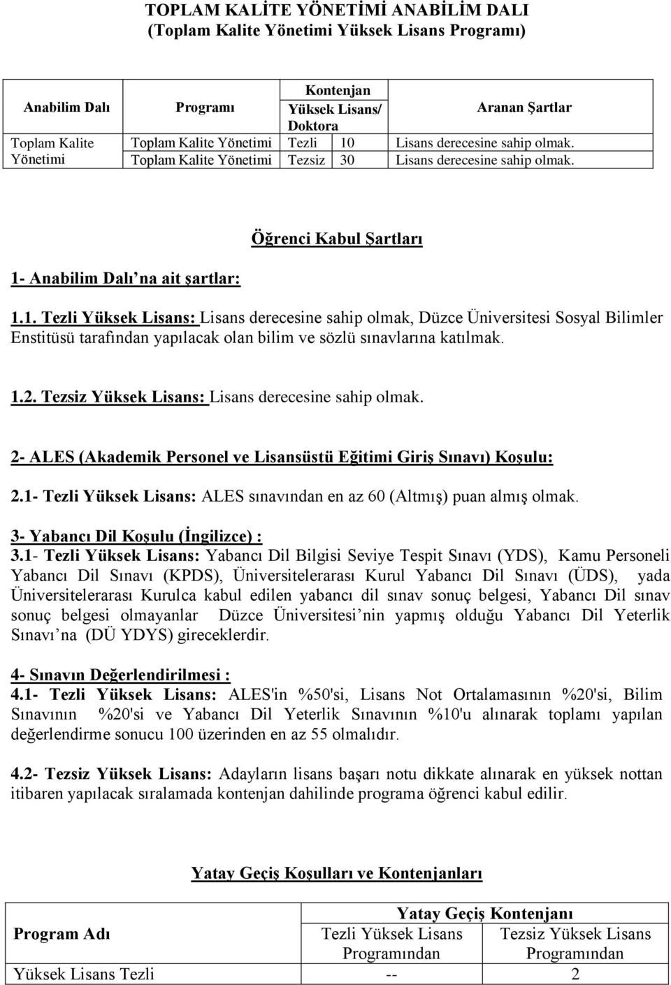 1. Tezli Yüksek Lisans: Lisans derecesine sahip olmak, Düzce Üniversitesi Sosyal Bilimler Enstitüsü tarafından yapılacak olan bilim ve sözlü sınavlarına katılmak. 1.2.