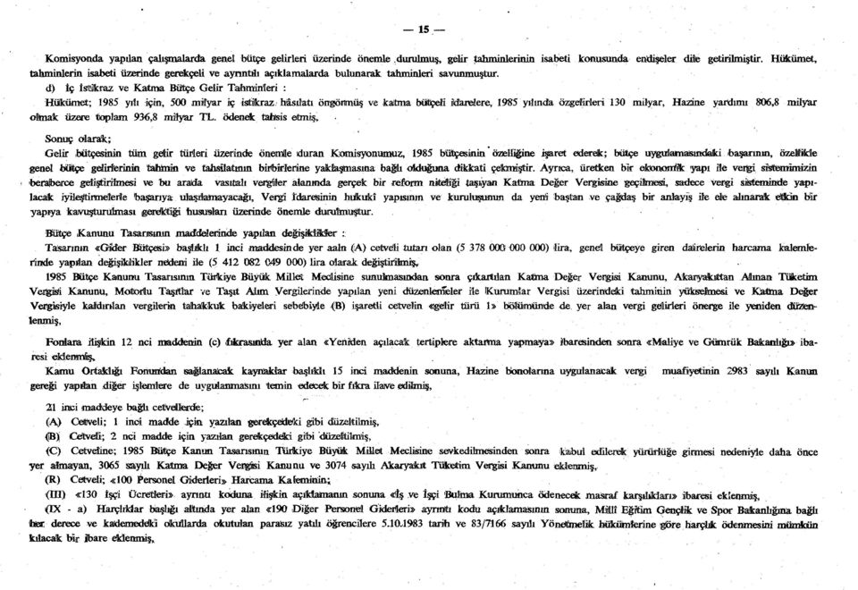 d) İç IsSikraz ve Katma Bütçe Gelir Tahminleri : Hükümet; 1985 yılı için, 500 milyar iç istikraz hâsılatı öngörmüş ve katma bütçeli idarelere, 1985 yılında özgelirl olmak üzere toplam 936,8 milyar TL.