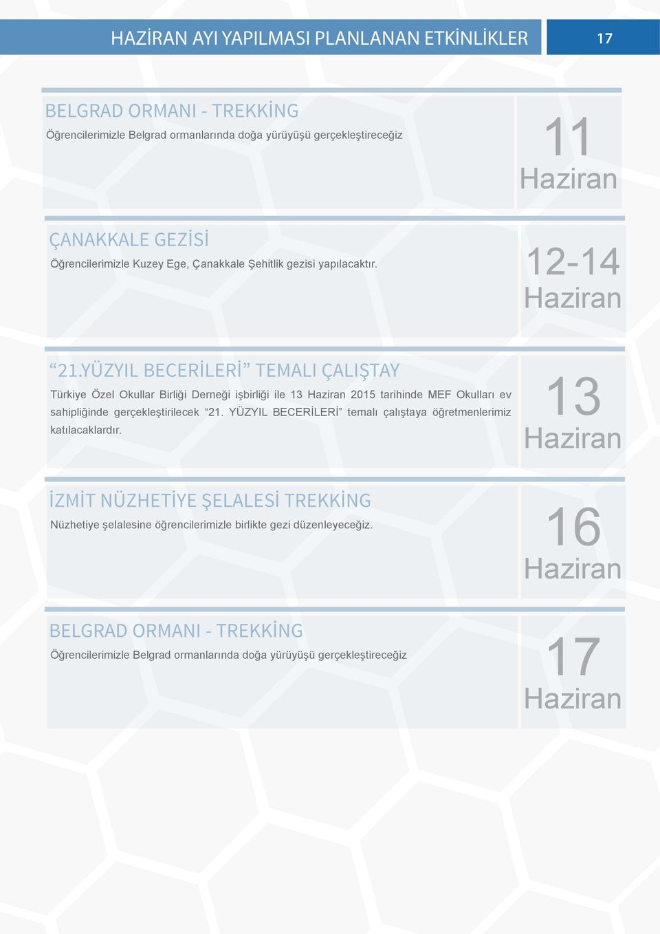 YÜZYIL BECERİLERİ TEMALI ÇALIŞTAY Türkiye Özel Okullar Birliği Derneği işbirliği ile 13 2015 tarihinde MEF Okulları ev sahipliğinde gerçekleştirilecek 21.