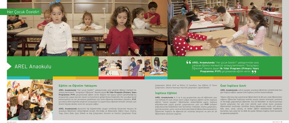 yaklaşımından yola çıkılarak öğrenci merkezli bir anlayış benimsenir. Sorgulayıcı Öğrenme ilkesine dayalı İlk Yıllar Programı (Primary Years Programme: PYP) çerçevesinde eğitim verilir.