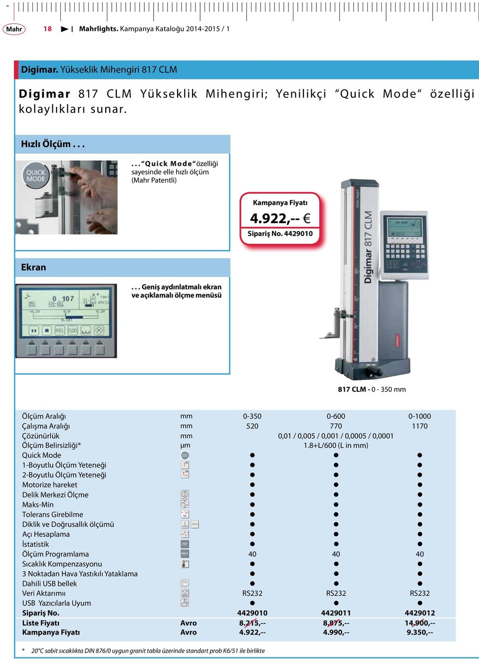 .. Geniş aydınlatmalı ekran ve açıklamalı ölçme menüsü 817 CLM - 0-350 mm Ölçüm Aralığı mm 0-350 0-600 0-1000 Çalışma Aralığı mm 520 770 1170 Çözünürlük mm 0,01 / 0,005 / 0,001 / 0,0005 / 0,0001