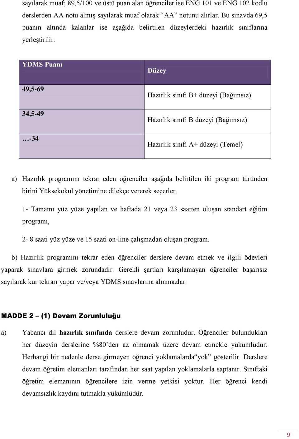 YDMS Puanı 49,5-69 34,5-49 -34 Düzey Hazırlık sınıfı B+ düzeyi (Bağımsız) Hazırlık sınıfı B düzeyi (Bağımsız) Hazırlık sınıfı A+ düzeyi (Temel) a) Hazırlık programını tekrar eden öğrenciler aşağıda