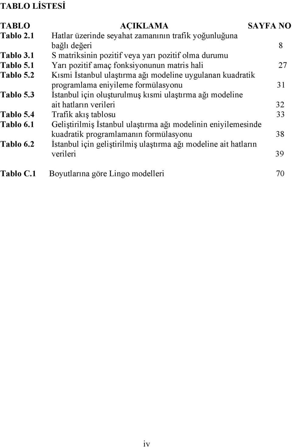 2 Kısmi İstanbul ulaştırma ağı modeline uygulanan kuadratik programlama eniyileme formülasyonu 31 Tablo 5.