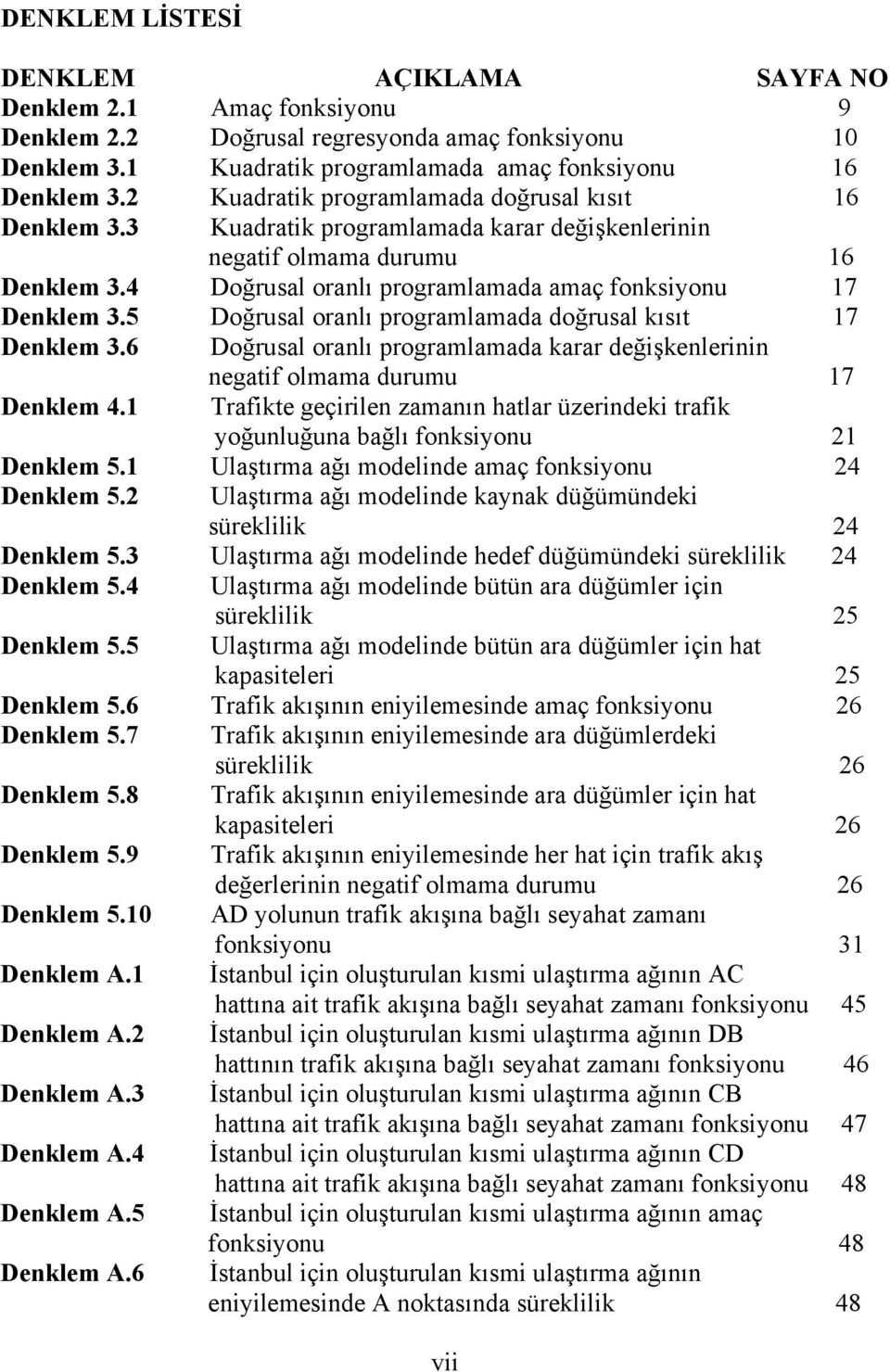 5 Doğrusal oranlı programlamada doğrusal kısıt 17 Denklem 3.6 Doğrusal oranlı programlamada karar değişkenlerinin negatif olmama durumu 17 Denklem 4.