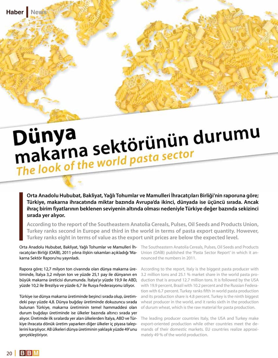 According to the report of the Southeastern Anatolia Cereals, Pulses, Oil Seeds and Products Union, Turkey ranks second in Europe and third in the world in terms of pasta export quantity.