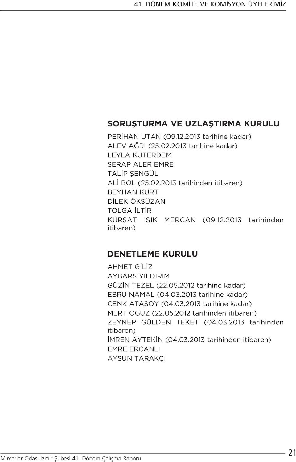 2013 tarihinden itibaren) BEYHAN KURT D LEK ÖKSÜZAN TOLGA LT R KÜRfiAT IfiIK MERCAN (09.12.