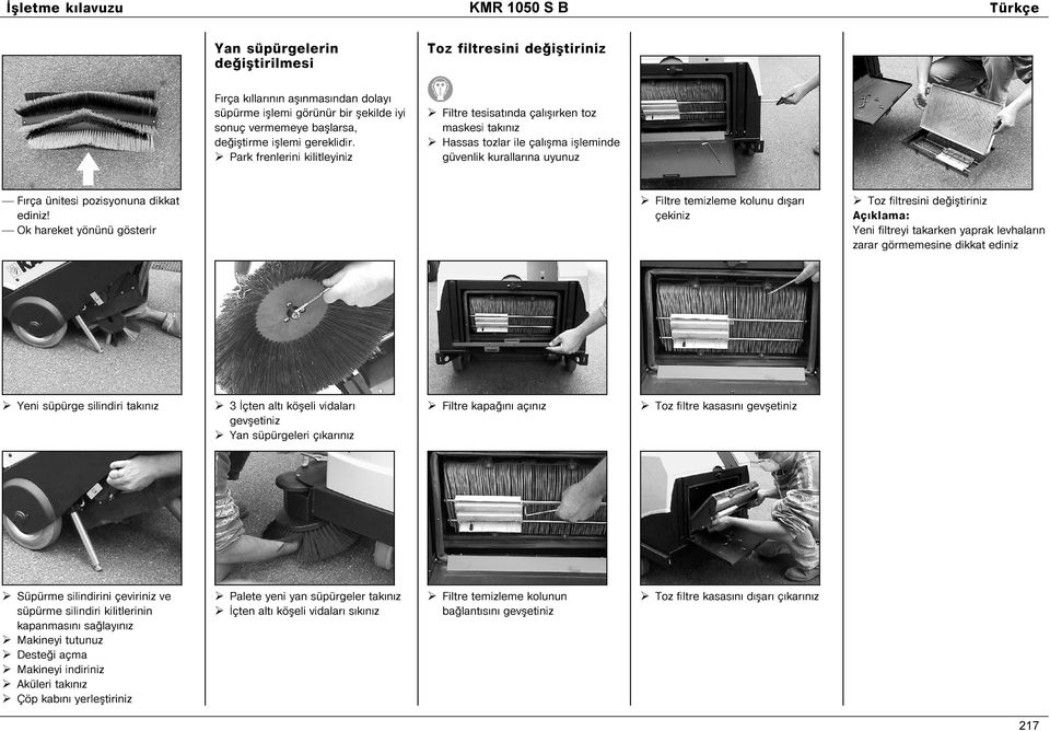 hareket yönünü gösterir Filtre temizleme kolunu d ºar çekiniz Toz filtresini de iºtiriniz Yeni filtreyi takarken yaprak levhalar n zarar görmemesine dikkat ediniz Yeni süpürge silindiri tak n z 3