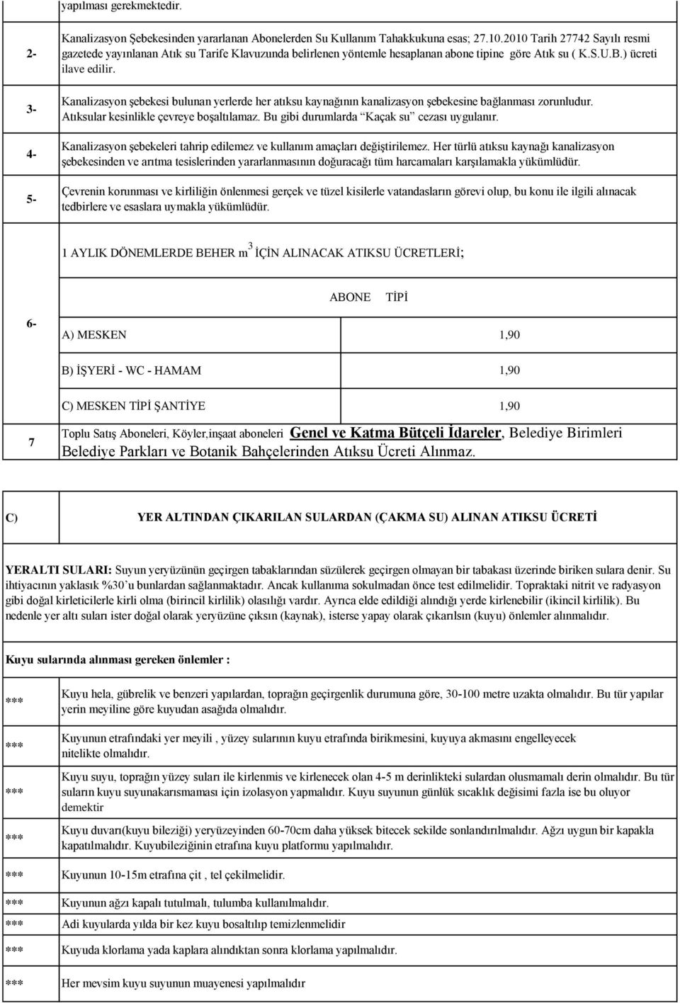 2010 Tarih 27742 Sayılı resmi gazetede yayınlanan Atık su Tarife Klavuzunda belirlenen yöntemle hesaplanan abone tipine göre Atık su ( K.S.U.B.) ücreti ilave edilir.
