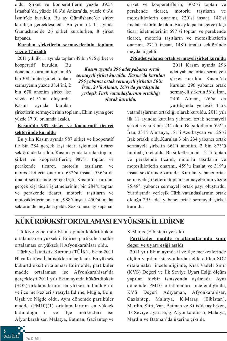 Kurulan şirketlerin sermayelerinin toplamı yüzde 17 azaldı 2011 yılı ilk 11 ayında toplam 49 bin 975 şirket ve kooperatif kuruldu.