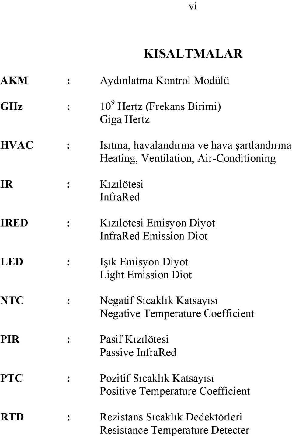 : Işık Emisyon Diyot Light Emission Diot NTC : Negatif Sıcaklık Katsayısı Negative Temperature Coefficient PIR : Pasif Kızılötesi