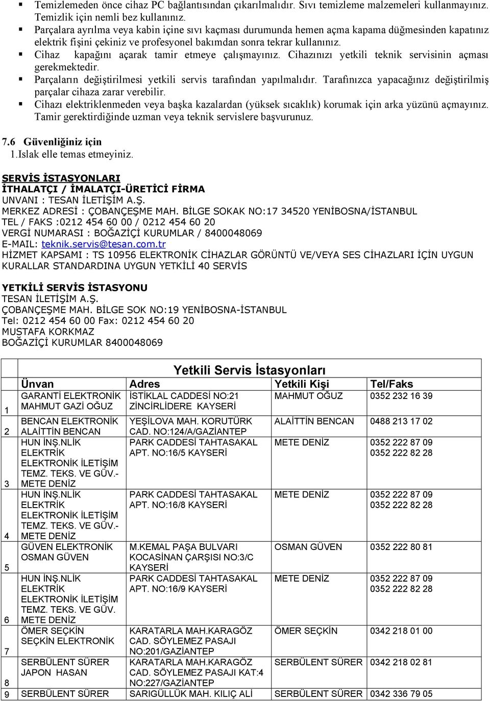 Cihaz kapağını açarak tamir etmeye çalışmayınız. Cihazınızı yetkili teknik servisinin açması gerekmektedir. Parçaların değiştirilmesi yetkili servis tarafından yapılmalıdır.