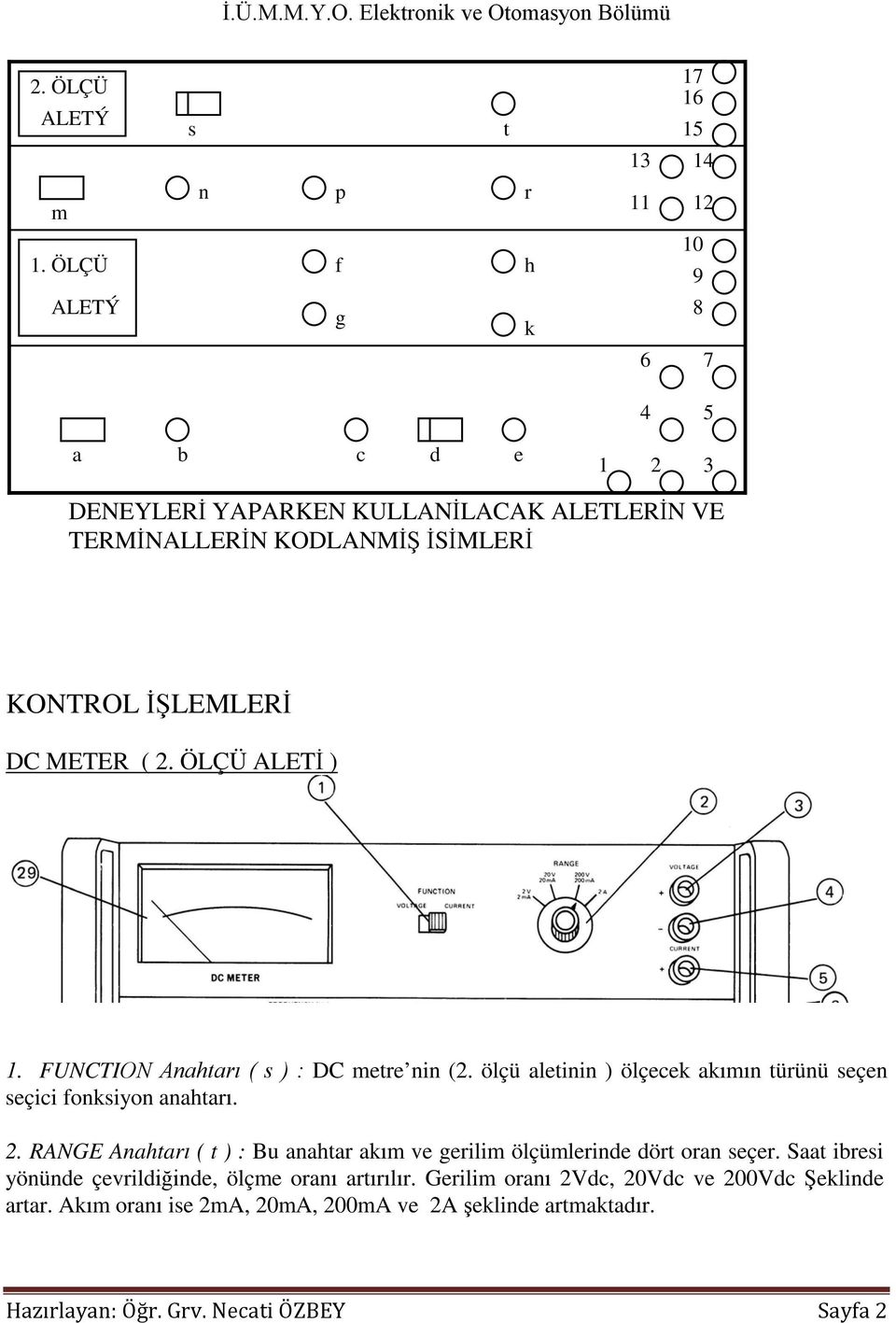 KONTROL İŞLEMLERİ DC METER ( 2. ÖLÇÜ ALETİ ) 1. FUNCTION Anahtarı ( s ) : DC metre nin (2.