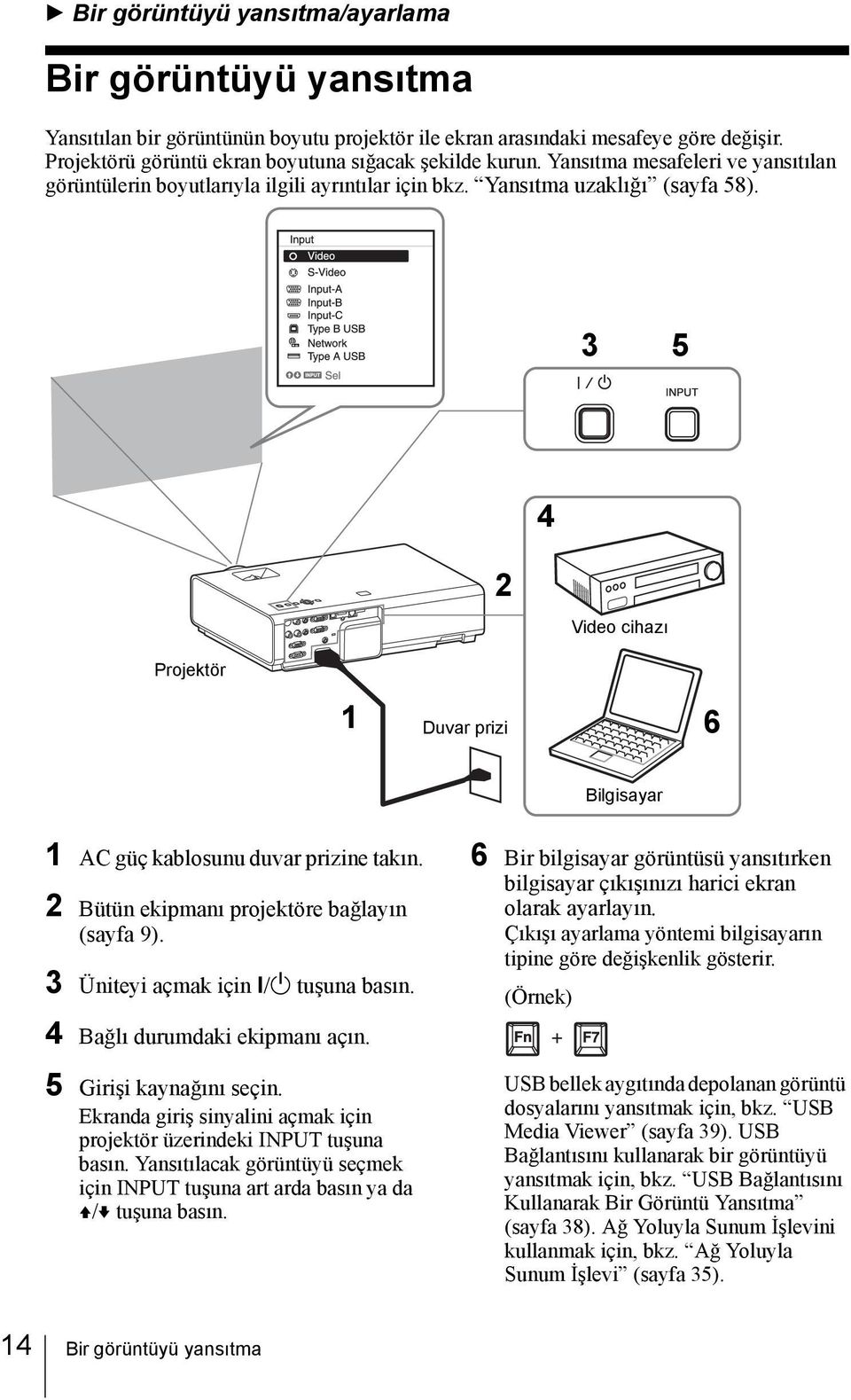 3 5 4 2 Video cihazı Projektör 1 Duvar prizi 6 Bilgisayar 1 AC güç kablosunu duvar prizine takın. 2 Bütün ekipmanı projektöre bağlayın (sayfa 9). 3 Üniteyi açmak için?/1 tuşuna basın.