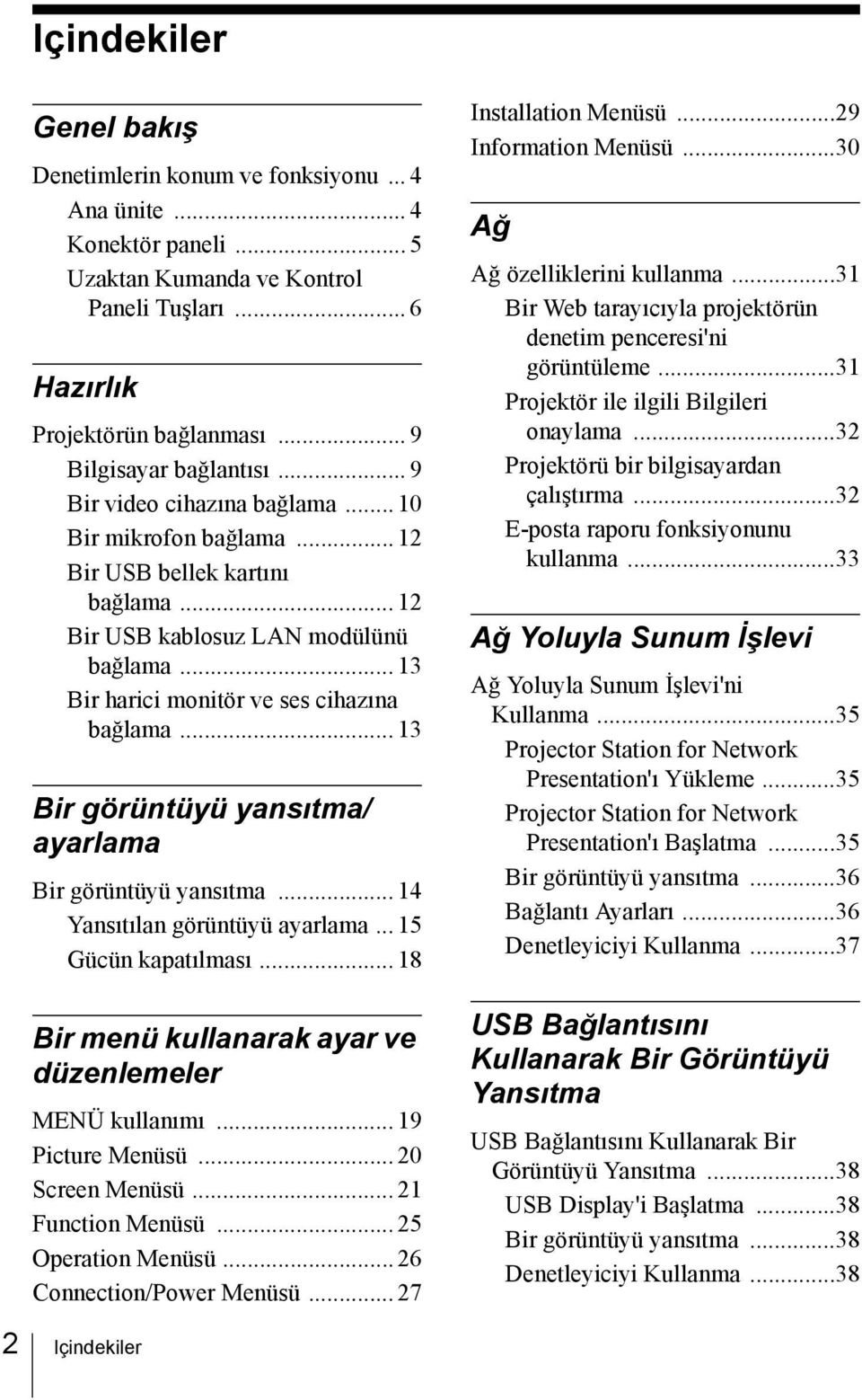 .. 13 Bir harici monitör ve ses cihazına bağlama... 13 Bir görüntüyü yansıtma/ ayarlama Bir görüntüyü yansıtma... 14 Yansıtılan görüntüyü ayarlama... 15 Gücün kapatılması.