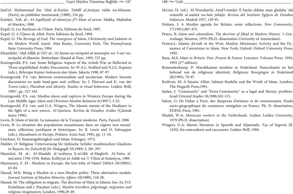 Paris: Editions du Seuil, 1994. Kepel, G: The Revenge of God. The resurgence of Islam, Christianity and Judaism in the Modern World. transl.