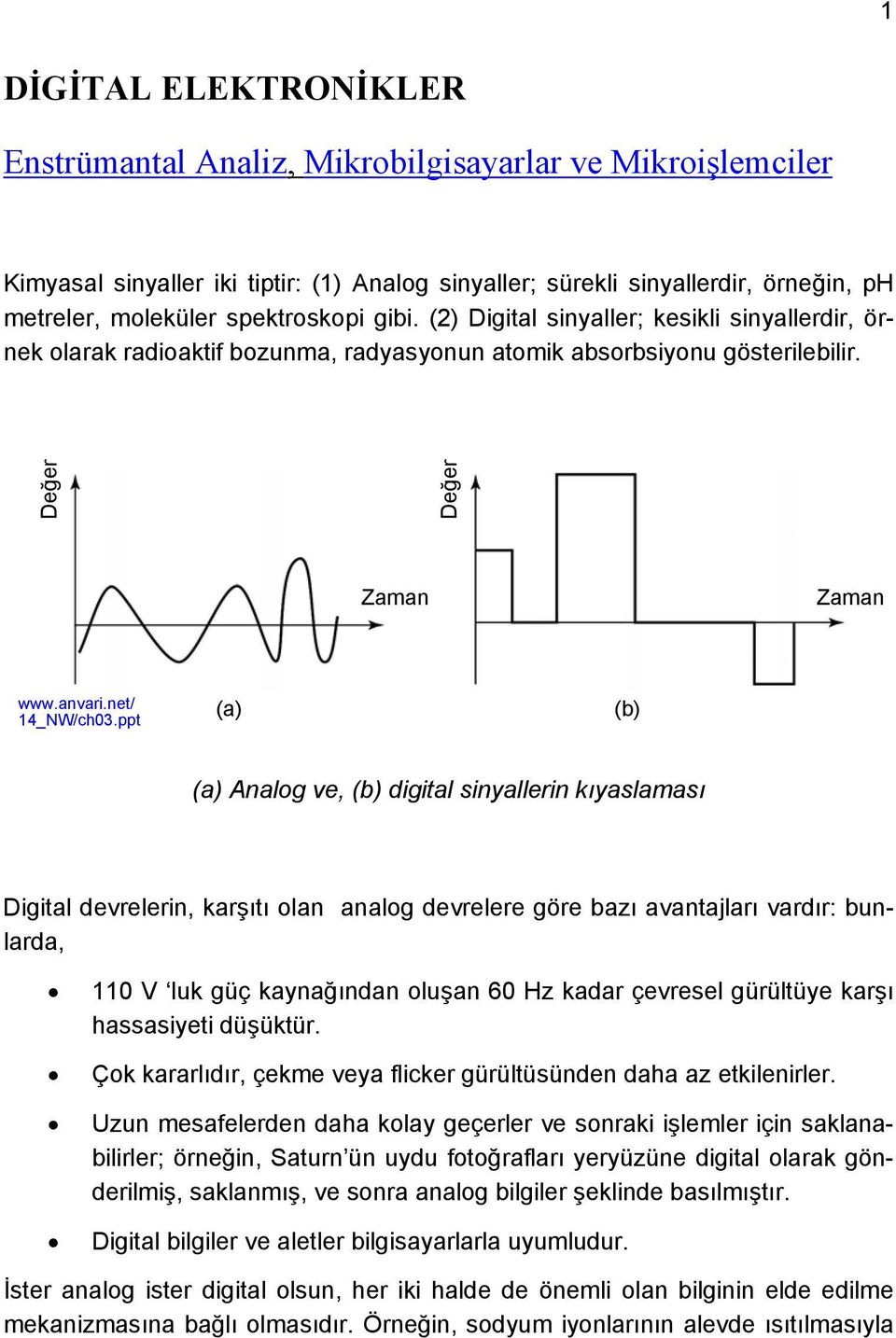 ppt (a) (b) (a) Analog ve, (b) digital sinyallerin kıyaslaması Digital devrelerin, karşıtı olan analog devrelere göre bazı avantajları vardır: bunlarda, V luk güç kaynağından oluşan 6 Hz kadar