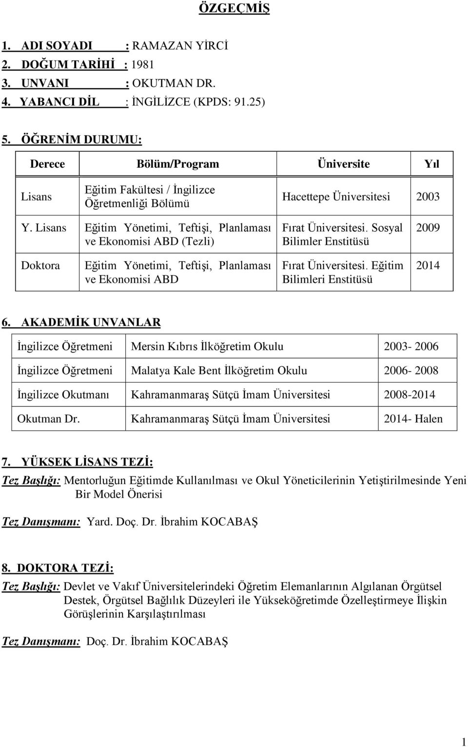 Lisans Eğitim Yönetimi, Teftişi, Planlaması ve Ekonomisi ABD (Tezli) Fırat Üniversitesi.