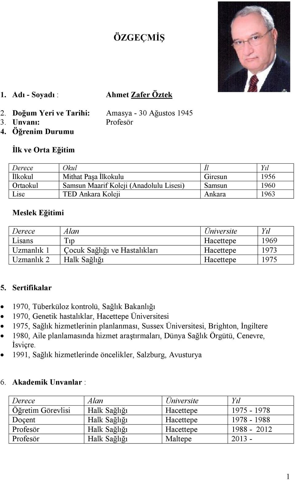 Eğitimi Derece Alan Üniversite Yıl Lisans Tıp Hacettepe 1969 Uzmanlık 1 Çocuk Sağlığı ve Hastalıkları Hacettepe 1973 Uzmanlık 2 Halk Sağlığı Hacettepe 1975 5.